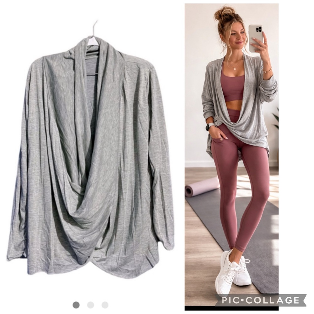 Draped Open-Front Long Sleeve Blouse - Light Gray